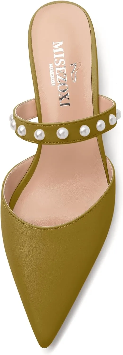 Womens Slippers Low Block Heels Pointed Toe Mule Pumps with Waist Strap Pearl Decoration Slip-on Women Sandals