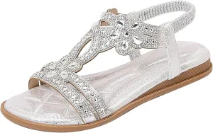 Womens Wedge Sandals Flower Low Heel Dressy Sandals Elastic Ankle Strap Rhinestone Summer Comfortable Shoes
