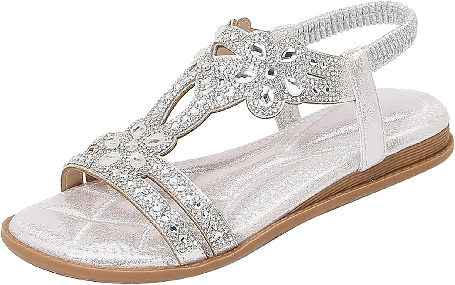 Womens Wedge Sandals Flower Low Heel Dressy Sandals Elastic Ankle Strap Rhinestone Summer Comfortable Shoes