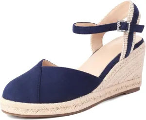 XIEDA Women's Classic Wedge Sandals 3 Inch Closed Toe Platform Espadrilles Adjustable Ankle Strap Comfortable Summer Faux Suede Wedges Shoes