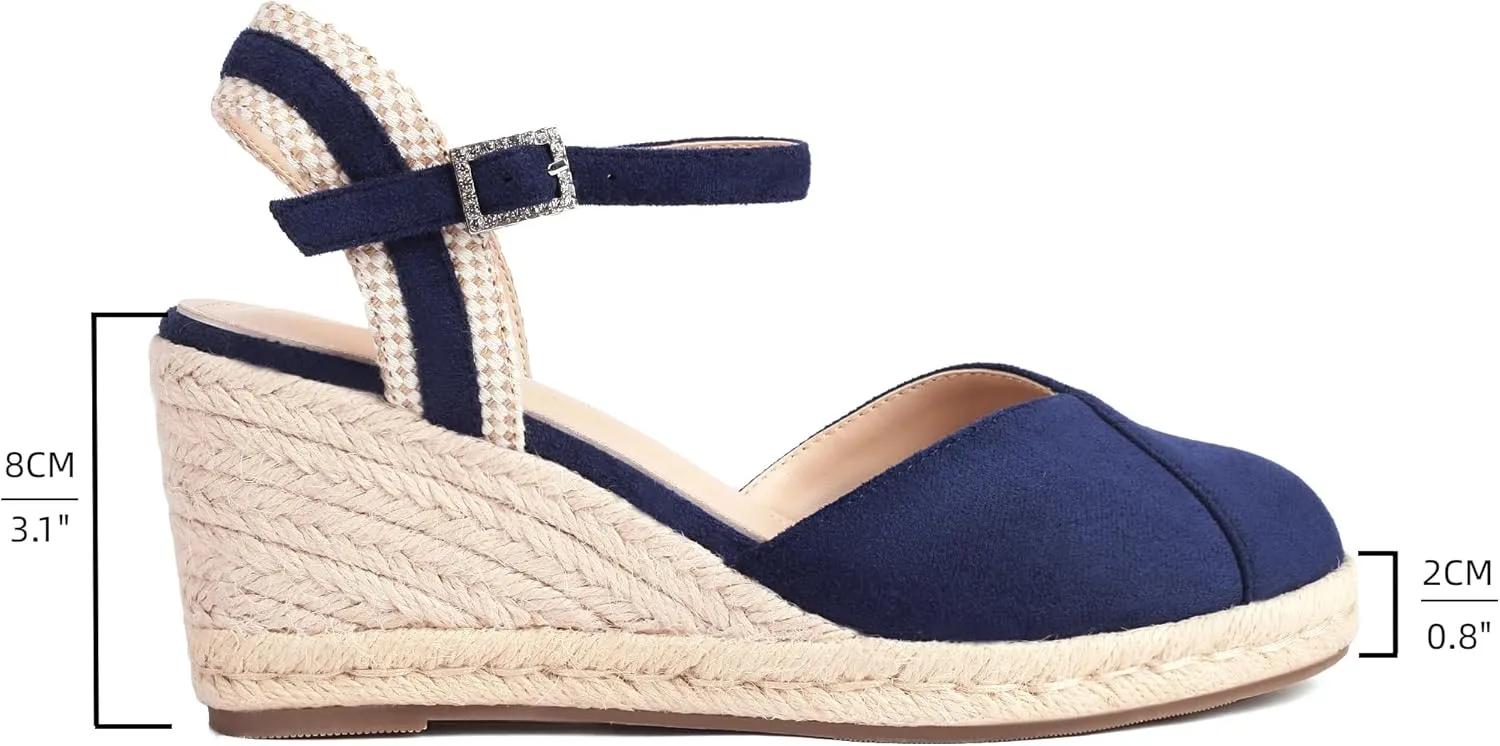 XIEDA Women's Classic Wedge Sandals 3 Inch Closed Toe Platform Espadrilles Adjustable Ankle Strap Comfortable Summer Faux Suede Wedges Shoes