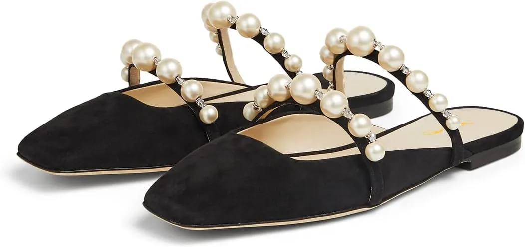 XYD Women Mule Flats with Pearls Strappy Square Toe Stylish Beaded Slides Sandals Comfort Slip On Dating Casual Shoes