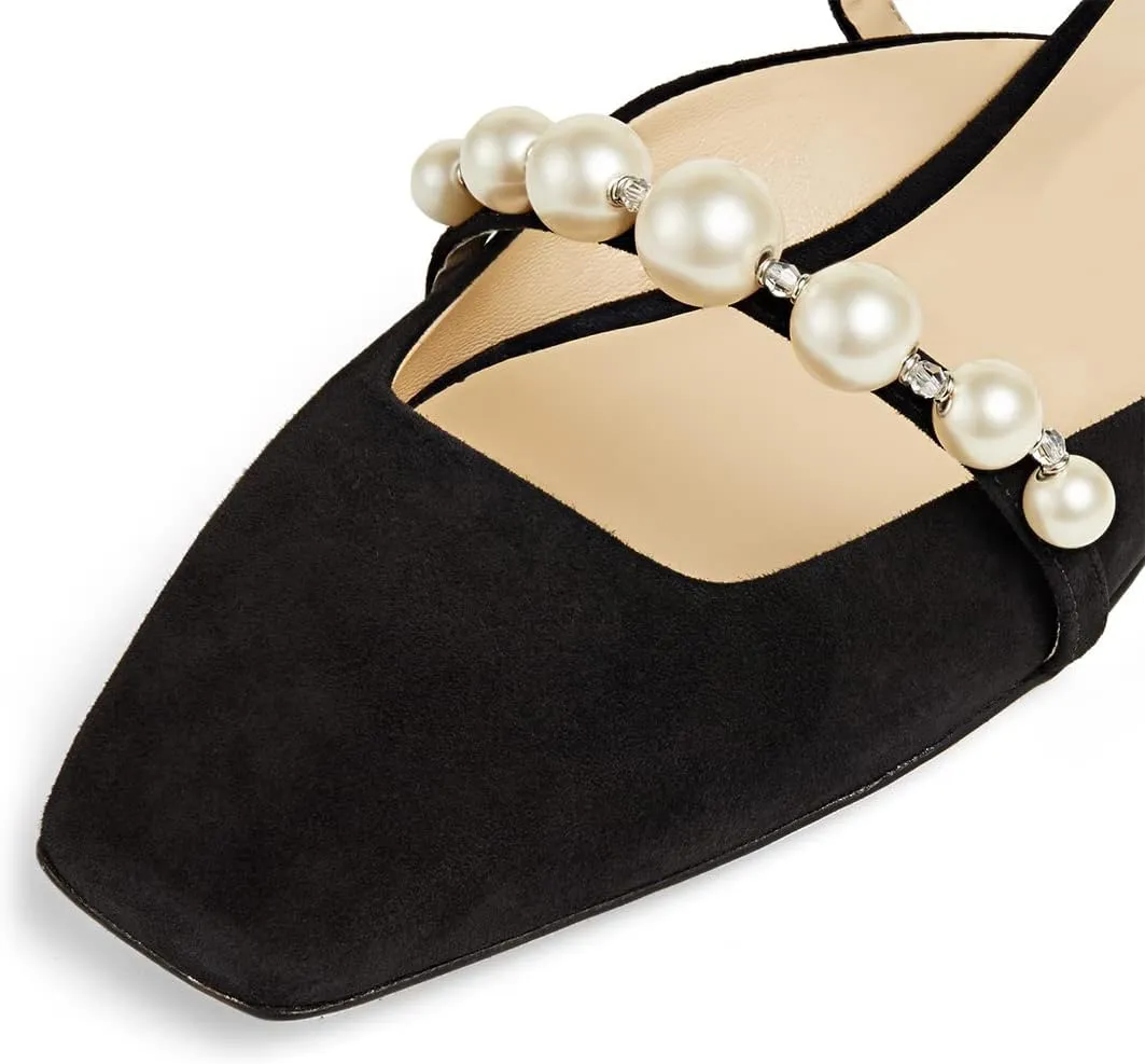 XYD Women Mule Flats with Pearls Strappy Square Toe Stylish Beaded Slides Sandals Comfort Slip On Dating Casual Shoes
