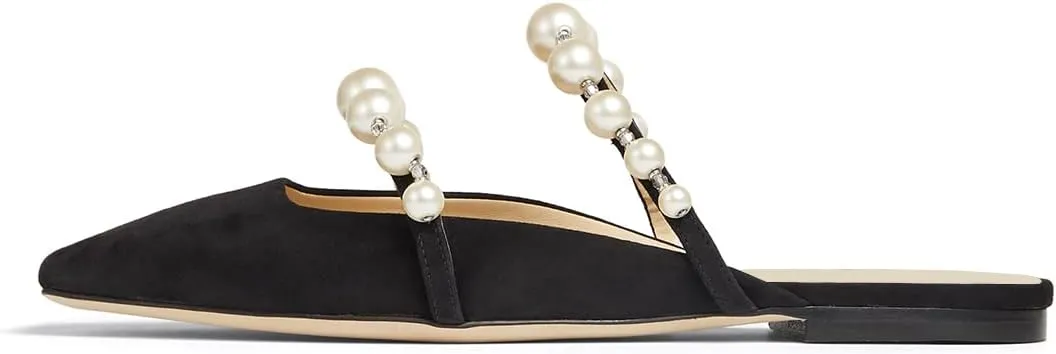 XYD Women Mule Flats with Pearls Strappy Square Toe Stylish Beaded Slides Sandals Comfort Slip On Dating Casual Shoes