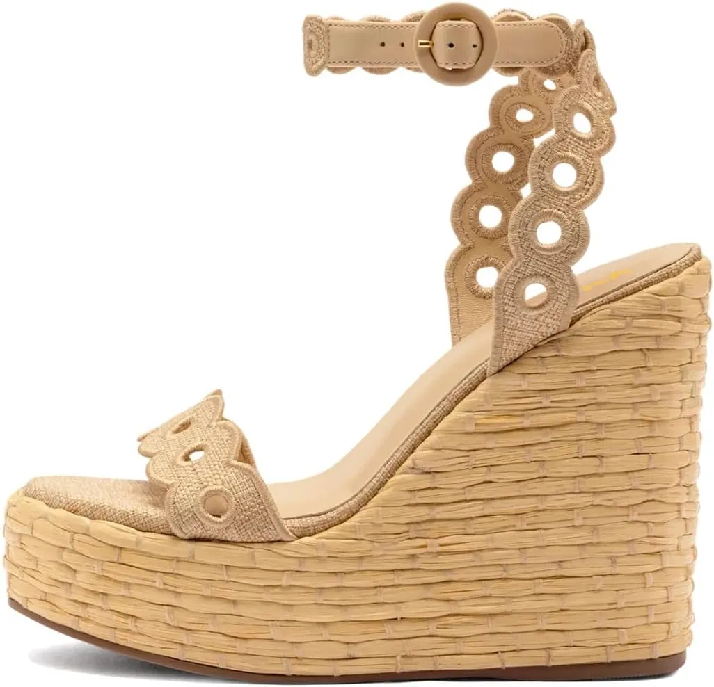 XYD Women Platform Eyelets Sandals Open Toe Espadrilles Wedge High Heels Ankle Strap Evening Holiday Shoes