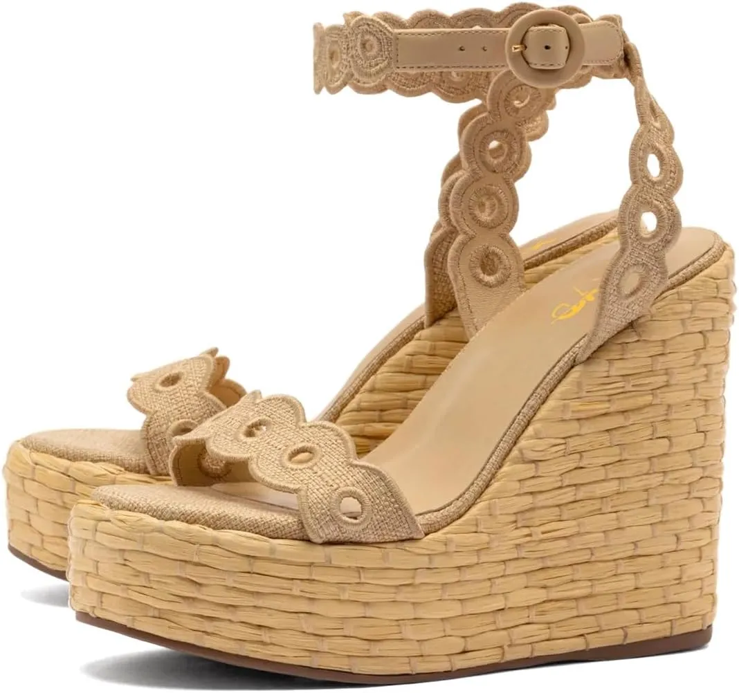 XYD Women Platform Eyelets Sandals Open Toe Espadrilles Wedge High Heels Ankle Strap Evening Holiday Shoes