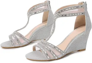 YooPrettyz Women Silver Round Toe Sandal Wedge Heels Glittered Straps Crystals Dressy Party Wedding Bridal Shoes