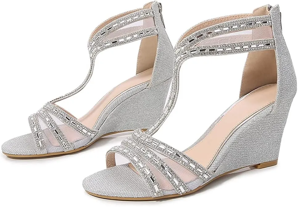 YooPrettyz Women Silver Round Toe Sandal Wedge Heels Glittered Straps Crystals Dressy Party Wedding Bridal Shoes