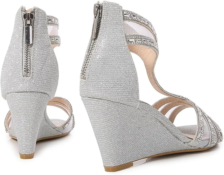 YooPrettyz Women Silver Round Toe Sandal Wedge Heels Glittered Straps Crystals Dressy Party Wedding Bridal Shoes