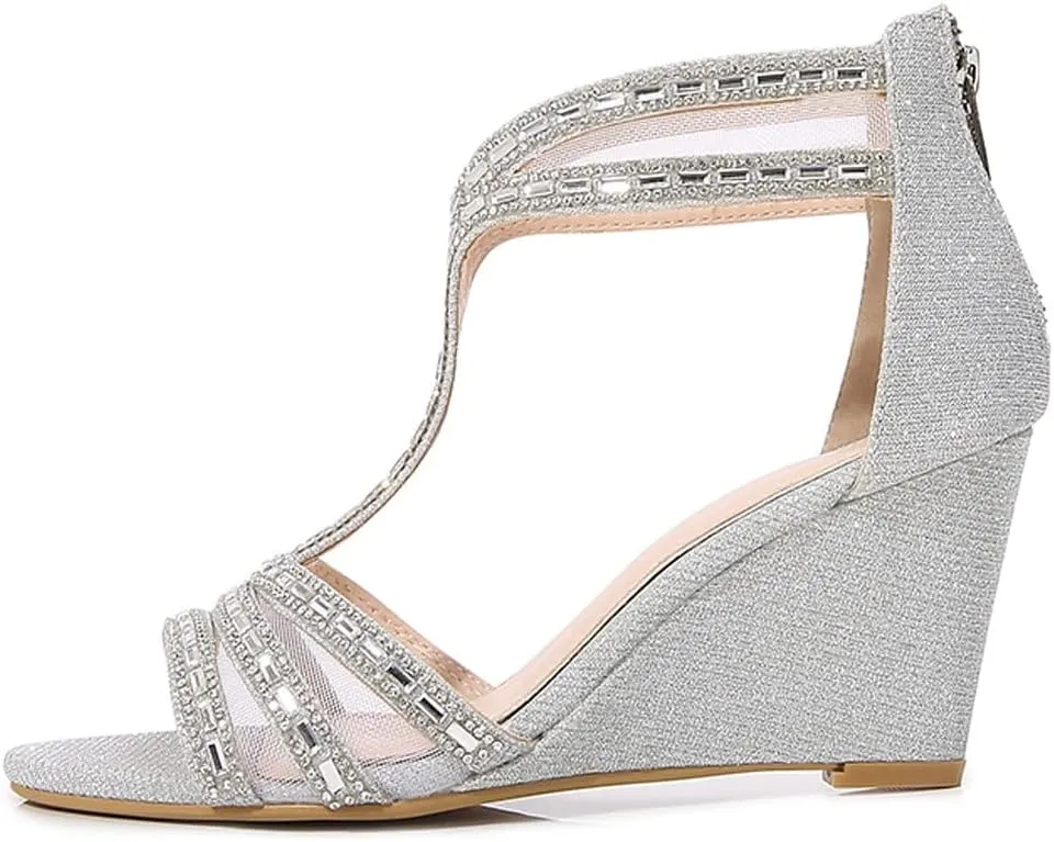 YooPrettyz Women Silver Round Toe Sandal Wedge Heels Glittered Straps Crystals Dressy Party Wedding Bridal Shoes